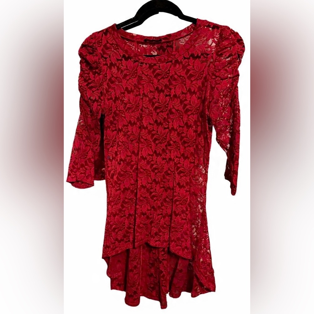 Joyce Leslie- Y2K- Long Sleeve Lace Hi-Lo Sheer Puffy Sleeve Top- Medium